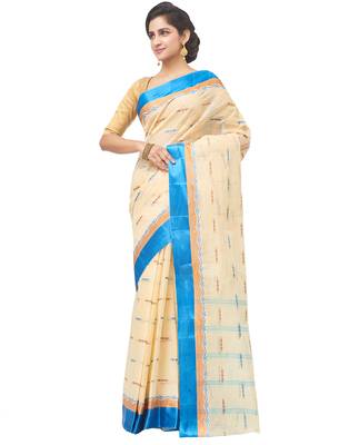 beige Handloom Taant Pure Cotton Saree Without Blouse Piece 2