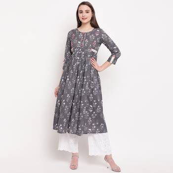 women's printed anarkali cotton grey kurti 1