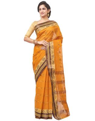 orange Handloom Taant Pure Cotton Saree Without Blouse Piece 1