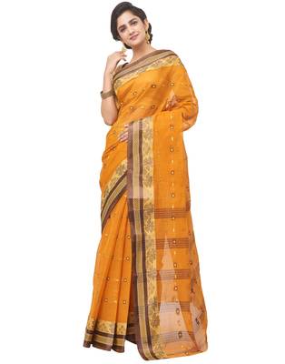 orange Handloom Taant Pure Cotton Saree Without Blouse Piece 2