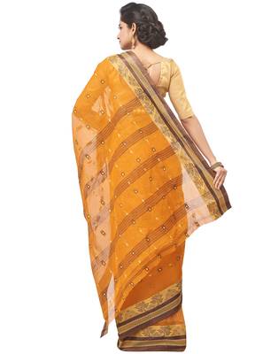 orange Handloom Taant Pure Cotton Saree Without Blouse Piece 3