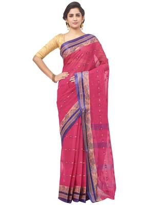 pink Handloom Taant Pure Cotton Saree Without Blouse Piece 1