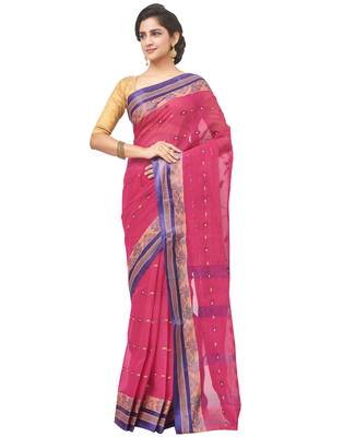 pink Handloom Taant Pure Cotton Saree Without Blouse Piece 2