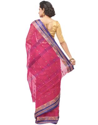 pink Handloom Taant Pure Cotton Saree Without Blouse Piece 3