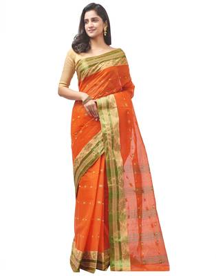 orange Handloom Taant Pure Cotton Saree Without Blouse Piece 1