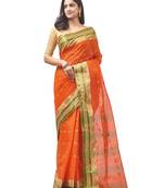 orange Handloom Taant Pure Cotton Saree Without Blouse Piece