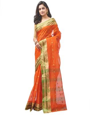 orange Handloom Taant Pure Cotton Saree Without Blouse Piece 2