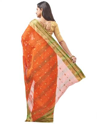 orange Handloom Taant Pure Cotton Saree Without Blouse Piece 3