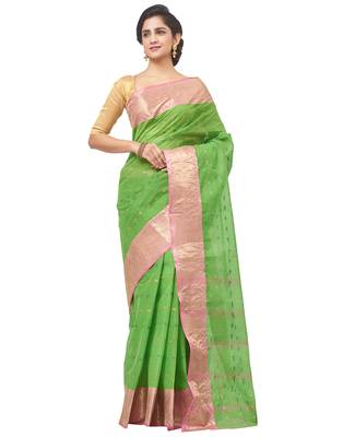 green Handloom Taant Pure Cotton Saree Without Blouse Piece 1