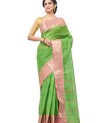 green Handloom Taant Pure Cotton Saree Without Blouse Piece