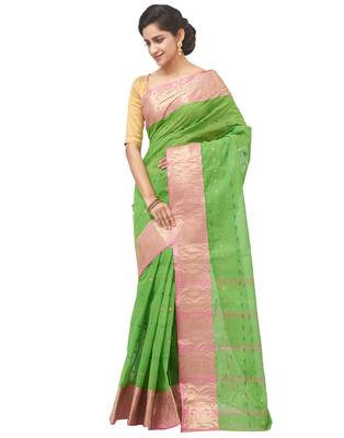 green Handloom Taant Pure Cotton Saree Without Blouse Piece 2