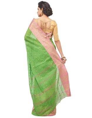 green Handloom Taant Pure Cotton Saree Without Blouse Piece 3