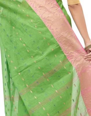 green Handloom Taant Pure Cotton Saree Without Blouse Piece 4