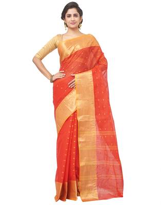 red Handloom Taant Pure Cotton Saree Without Blouse Piece 1