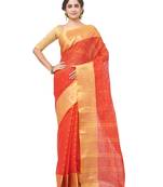 red Handloom Taant Pure Cotton Saree Without Blouse Piece