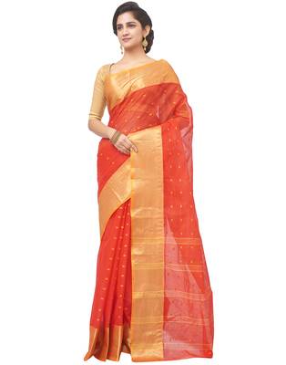 red Handloom Taant Pure Cotton Saree Without Blouse Piece 2