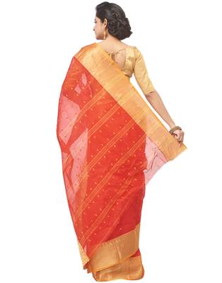 red Handloom Taant Pure Cotton Saree Without Blouse Piece 3
