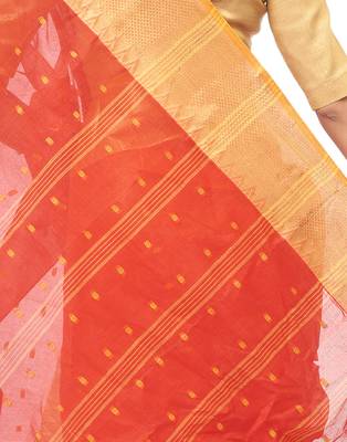 red Handloom Taant Pure Cotton Saree Without Blouse Piece 4