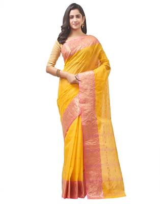 yellow Handloom Taant Pure Cotton Saree Without Blouse Piece 1