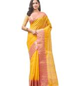 yellow Handloom Taant Pure Cotton Saree Without Blouse Piece