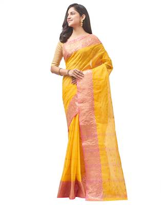 yellow Handloom Taant Pure Cotton Saree Without Blouse Piece 2