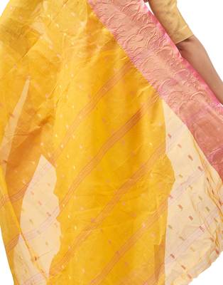 yellow Handloom Taant Pure Cotton Saree Without Blouse Piece 4