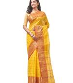 yellow Handloom Taant Pure Cotton Saree Without Blouse Piece