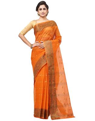 orange Handloom Taant Pure Cotton Saree Without Blouse Piece 1