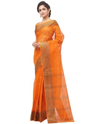 orange Handloom Taant Pure Cotton Saree Without Blouse Piece 2