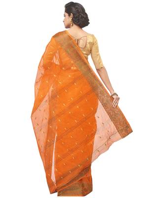 orange Handloom Taant Pure Cotton Saree Without Blouse Piece 3