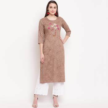 women's hand work/Printed straight rayon brown kurti 1