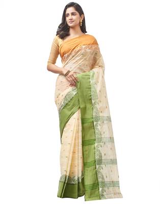 beige Handloom Taant Pure Cotton Saree Without Blouse Piece 1
