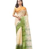 beige Handloom Taant Pure Cotton Saree Without Blouse Piece