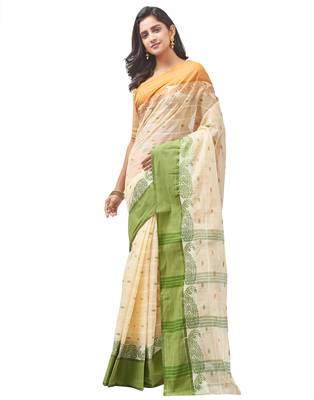 beige Handloom Taant Pure Cotton Saree Without Blouse Piece 2