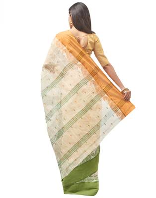 beige Handloom Taant Pure Cotton Saree Without Blouse Piece 3