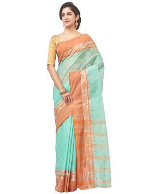 blue Handloom Taant Pure Cotton Saree Without Blouse Piece 1