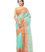 blue Handloom Taant Pure Cotton Saree Without Blouse Piece