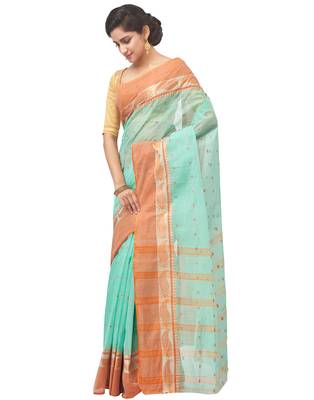blue Handloom Taant Pure Cotton Saree Without Blouse Piece 2