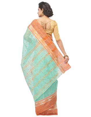 blue Handloom Taant Pure Cotton Saree Without Blouse Piece 3
