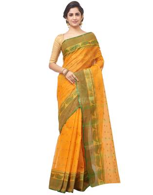 orange Handloom Taant Pure Cotton Saree Without Blouse Piece 1