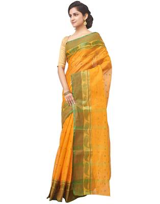 orange Handloom Taant Pure Cotton Saree Without Blouse Piece 2