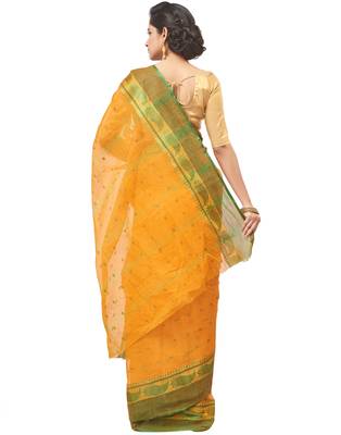 orange Handloom Taant Pure Cotton Saree Without Blouse Piece 3