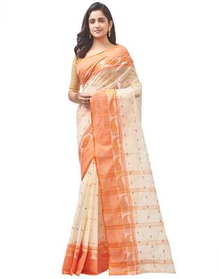 beige Handloom Taant Pure Cotton Saree Without Blouse Piece 1