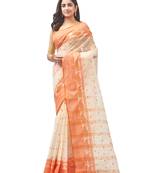 beige Handloom Taant Pure Cotton Saree Without Blouse Piece
