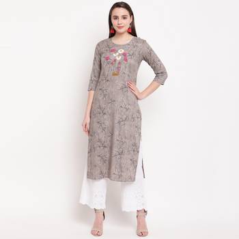 women's hand work/Printed straight rayon grey kurti 1