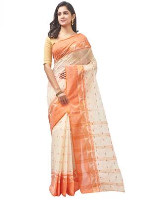 beige Handloom Taant Pure Cotton Saree Without Blouse Piece 2