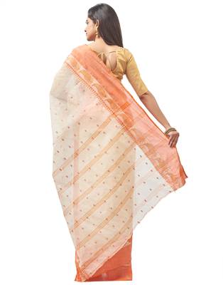 beige Handloom Taant Pure Cotton Saree Without Blouse Piece 3