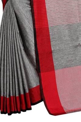 Grey plain cotton saree with blouse 4