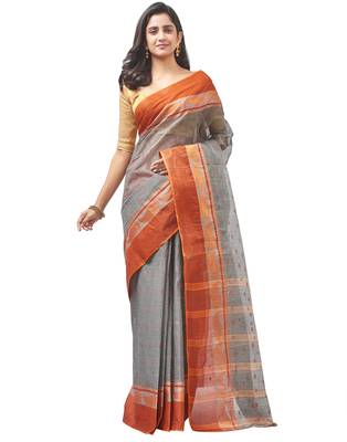 grey Handloom Taant Pure Cotton Saree Without Blouse Piece 1