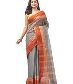 grey Handloom Taant Pure Cotton Saree Without Blouse Piece